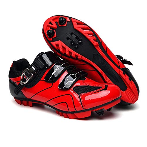 HUAFEIHUA Zapatos Unisex Ciclismo, Zapatos de MTB Camino del carbón de la Bici, Hombres Zapatillas de Deporte, Transpirable autoblocante Zapatos for Bicicletas HU924 (Color : Red, Shoe Size : 37)