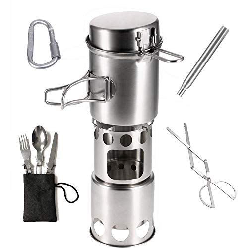 Huanhog Estufa Que acampa Plegable con Mochila Anafe Estufa de Camping con vajilla Pinzas Blowing Fuego tubulares portátiles Stove curado Alcohol portátil al Aire Libre Senderismo Picnic Barbacoa
