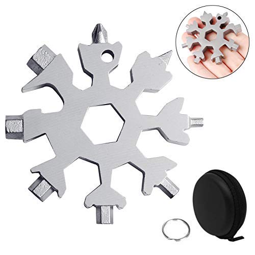 Huker Copo de Nieve Herramienta de la Tarjetas 18-en-1 Tarjeta de la Herramienta Acero Inoxidable portátil Destornillador Llavero abrebotellas Llave de Anillo Hexagonal Caja de Regalo Negra (Plata)