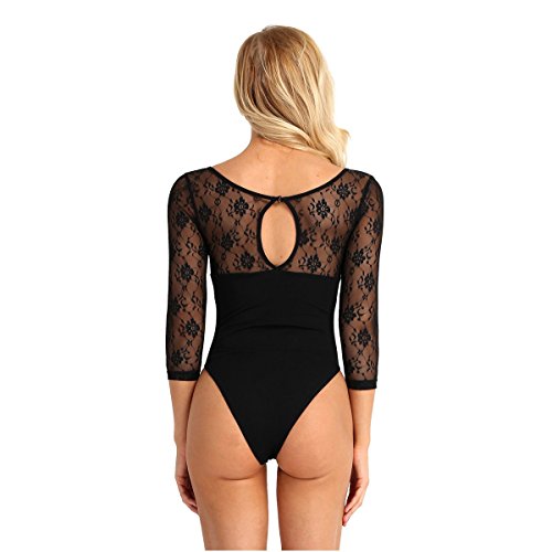 IEFIEL Maillot de Ballet Mujer Body Mono de Danza Ballet Manga Larga de Encaje Leotardo de Gimnasia para Adulto Negro XS