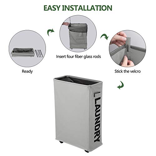IHOMAGIC Cesto para la Colada Delgada sobre Rueda, Cesta de Lavandería Rectangular Práctica Plegable Colector de Ropa Sucia para el Hogar, Cocina, Dormitorio, Hotel, Viaje 35-40L, 600D, Gris Claro
