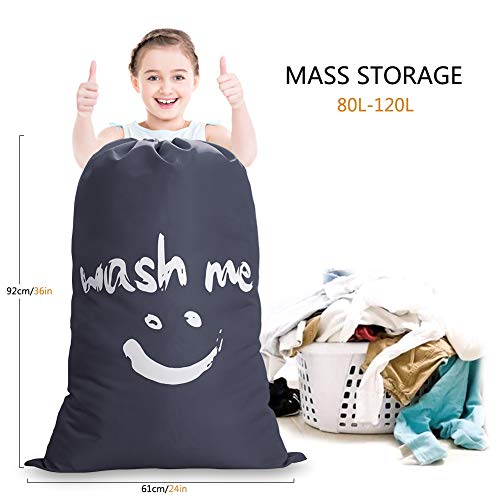 IHOMAGIC Set de 2 Bolsa de Colada con Cuerda Nilón Cesto para Ropa Sucia Plegable para Baño con Organizador Lavandería para Cocina Dormitorio Hotel de Viaje Gran Capacidad 120L 61x92cm, Gris Sonrisa