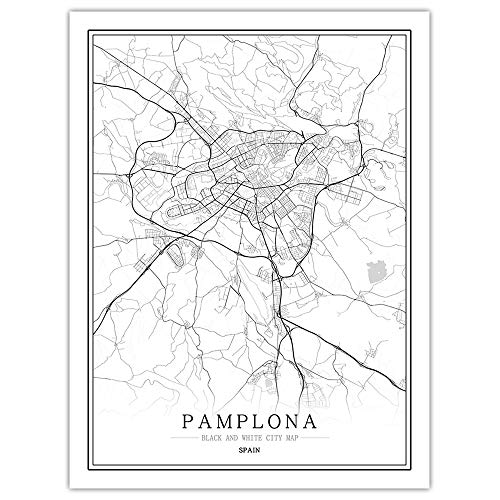 Impresión De Lienzo,España Pamplona Mapa De La Ciudad De Arte De Pared De Póster En Blanco Y Negro Imágenes Murales Pintura Minimalista Modular Simple Boceto Pop Vida Vertical Del Espacio De Ofic