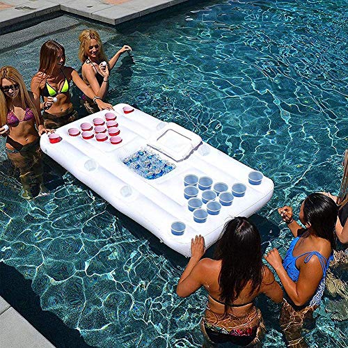 Inflable Cerveza Pong Mesa para Piscina con Enfriador, Piscina Cerveza Pong Hielo Cubo Cerveza Pong Piscina Flotador Salón Balsa para Adultos Fiesta - Blanco, Free Size