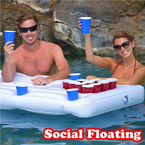 Inflable Cerveza Pong Mesa para Piscina con Enfriador, Piscina Cerveza Pong Hielo Cubo Cerveza Pong Piscina Flotador Salón Balsa para Adultos Fiesta - Blanco, Free Size