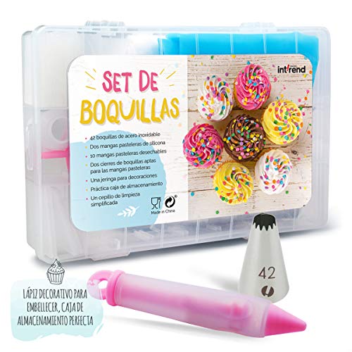 int!rend Maxi Set de boquillas - Conjunto de 59 Piezas | Decoración de Tartas y Pasteles, 42 boquillas y 2 adaptadores, 10 Mangas pasteleras Desechables, jeringa de Decoracion y más (Español)