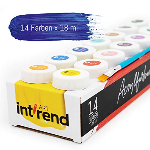 INT!REND Set de pinturas acrílicas | Pintura acrílica, 14 colores acrílicos, frascos de 18 ml con pincel para niños y adultos. Pintura para lienzo, madera, arcilla y papel