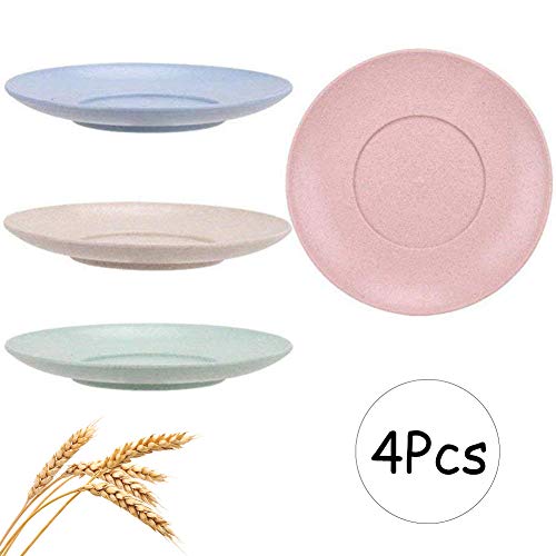 INTVN 4 Platos Degradables, Platos de Cena de Paja de Trigo, Platos de Cena Irrompibles, Juego de Platos 4 Colores Sin BPA y para Niños y Adultos