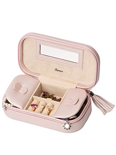IsmatDecor Pequeño Estuche Joyero de Viaje - con Cremallera y Espejo - Guarda Tus Joyas, Anillos, Pendientes - Cuero sintético Color Rosa