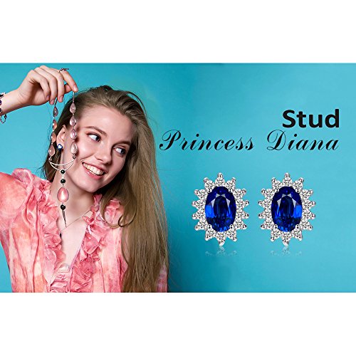 JewelryPalace Pendientes Princesa Diana William Kate Middleton Vintage Halo Oval 1.5ct Zafiro Azul Creado Piedra Preciosa Aretes Plata de ley 925
