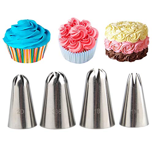 Joyeee Set de Boquillas, 4 Piezas Boquillas Grandes de Glaseado con Forma de Rosa para Decoración de Tartas, Traje de Consejos de Pastelería para Decorar Dulces, Galletas y Cupcakes