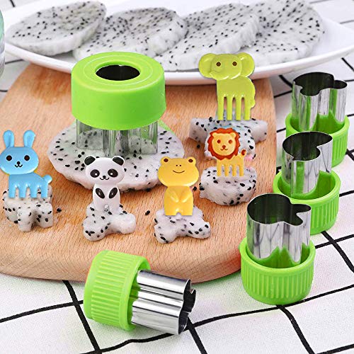 Juego de 12 Cortadores de Verduras para Niños, Cortador de Frutas de Acero Inoxidable, Cortador de Sándwich para Niños con 10 Palillos de Frutas, Cepillo y Palo de Madera