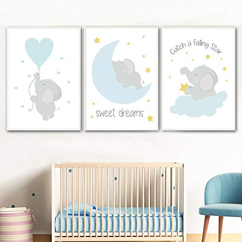 Juego de 3 Cuadros 21x30 Infantiles Niño Animales Pósteres Elefante Láminas Impresión en Lienzo Decoración Habitación Bebé pared Regalo Sin Marco NPTWC002-S