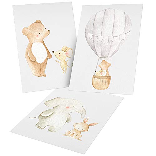 Juego de 3 imágenes de pared para bebé y habitación de los niños, póster, impresión artística DIN A4, sin marco y decoración (niño/niña) W13 Freunde & Heißluftballon Talla:DIN A4 (21 x 29,7 cm)