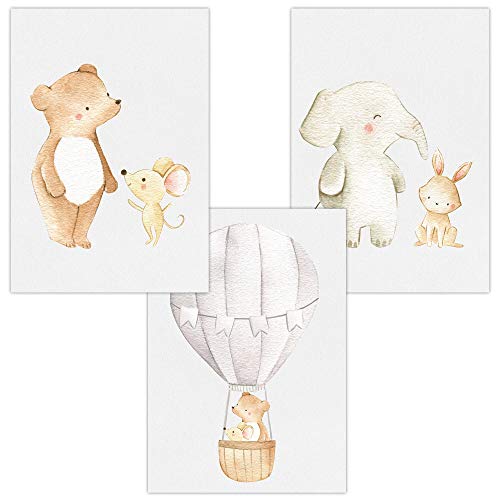 Juego de 3 imágenes de pared para bebé y habitación de los niños, póster, impresión artística DIN A4, sin marco y decoración (niño/niña) W13 Freunde & Heißluftballon Talla:DIN A4 (21 x 29,7 cm)