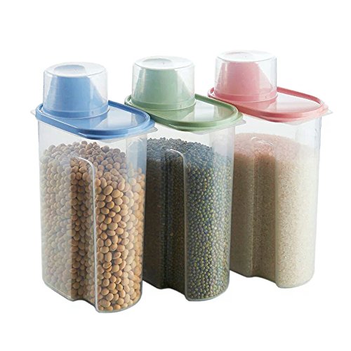Juego de 4 recipientes de plástico para almacenamiento de alimentos en la cocina, cereales, tamaño grande de 2,5 litros, transparentes