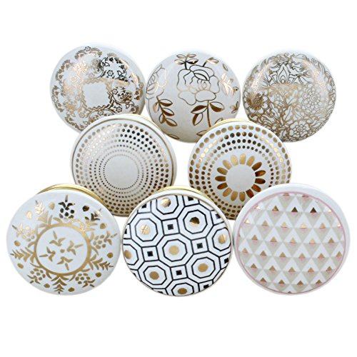 Juego de 8 pomos de cerámica dorados para puertas de armarios y cajones de estilo vintage Shabby chic de G Decor