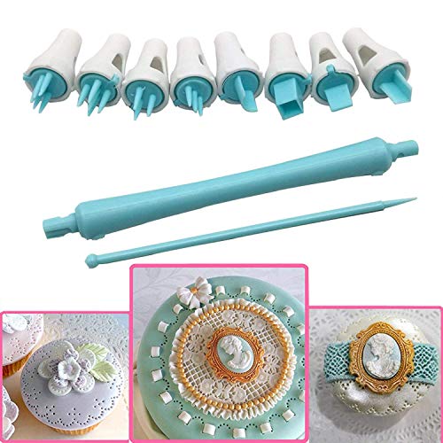 Juego de 9 bolígrafos de encaje tipo flor, de plástico apto para uso alimentario, para galletas o tartas, con un pin. 9pcs Style 1