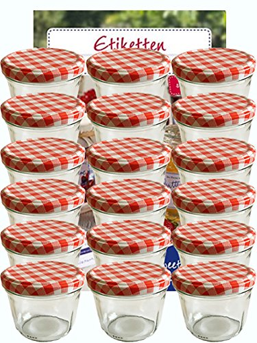 Juego de tarros de cristal de hocz | Cantidad 25 unidades | Capacidad 230 ml | Incluye tapa de rosca de color rojo cuadros 25 etiquetas NZ para escribir | Allrounder para tarros de mermelada