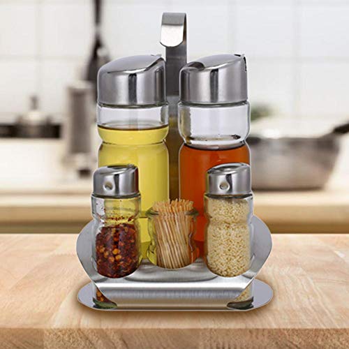 Juego De Vinagreras,Vinagreras De 5 Piezas Para Vinagreras Para Sal,Aceite Y Vinagre Con Soporte A Juego,Juego De Cajas De Condimentos De Acero Inoxidable A Prueba De Humedad A Prueba De Humedad