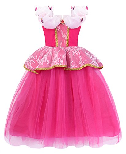 Jurebecia Disfraz Princesa Niña Princesa Aurora Costumes Falda de Tul Halloween Fiesta Cumpleaños Princesa Vestidos Navidad Ceremonia Aniversario Cosplay Costume Rosa 7-8 Años B013
