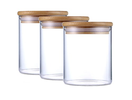 Justyou 500ML Vidrio Alto de Borosilicato Cilindro Hermético Almacenamiento de Alimentos Envase Frasco Tarro Con Tapa de Bambú, Hermético, Paquete de 3