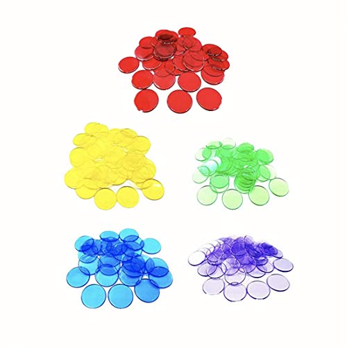 JZK 500x Fichas de Bingo translúcidas, marcadores de plástico, fichas de plástico de Colores, número de Objetos de recuento de Colores para el Juego (Azul, Verde, Amarillo, Rojo, púrpura)