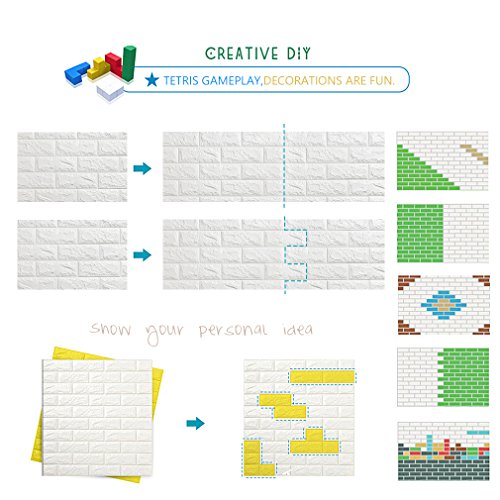 KINLO 5PCS DIY Pegatina de Pared Ladrillo 70 * 77 * 1CM Más Espeso Papel Pintado Autoadhesivo Panel Pared Impermeable PE Espuma Decoración de Pared(Color Blanco)