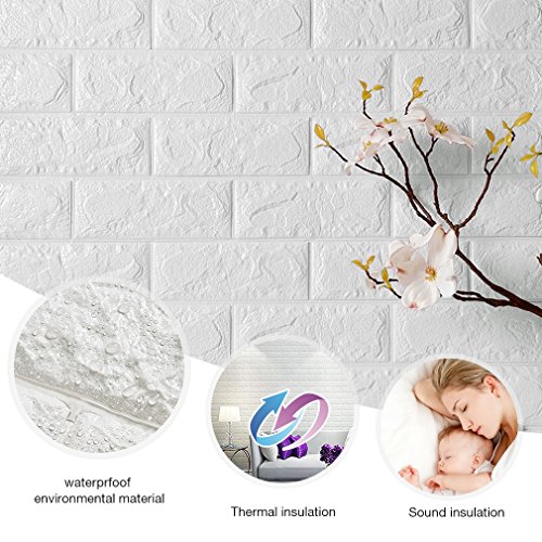 KINLO 5PCS DIY Pegatina de Pared Ladrillo 70 * 77 * 1CM Más Espeso Papel Pintado Autoadhesivo Panel Pared Impermeable PE Espuma Decoración de Pared(Color Blanco)