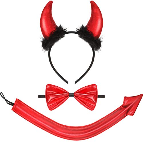 Kit de Accesorios de Disfraz de Diablo de Halloween Disfraces para Suministros Creativos de Halloween Diadema de Oreja Roja de Diablo de Halloween Diadema de Cuerno, Pajarita y Cola