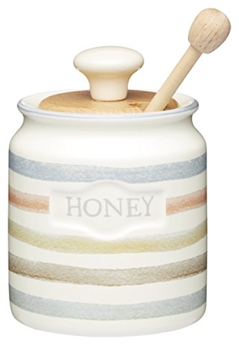 Kitchencraft Classic Collection - Tarro de Miel de cerámica, diseño a Rayas con dosificador de Madera de Rayas (450 ml)