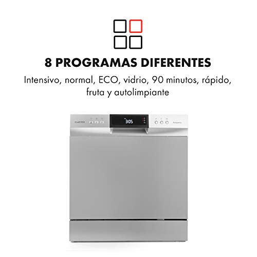 Klarstein Amazonia - Lavavajillas, Máquina lavaplatos, 8 programas: intensivo, normal, ECO, vidrio, 90 minutos, rápido, fruta, autolavado, Pantalla LED, Plateado
