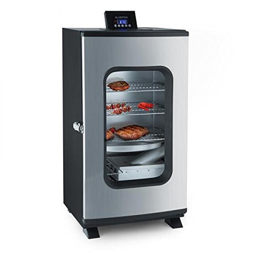Klarstein Flinstone Horno ahumador - Horno eléctrico 650 W, Regulador temperatura: 37-136 °C, 4x parrillas acero inox, Bandeja antigoteo, Película polvo protector, Interior galvanizado, Negro