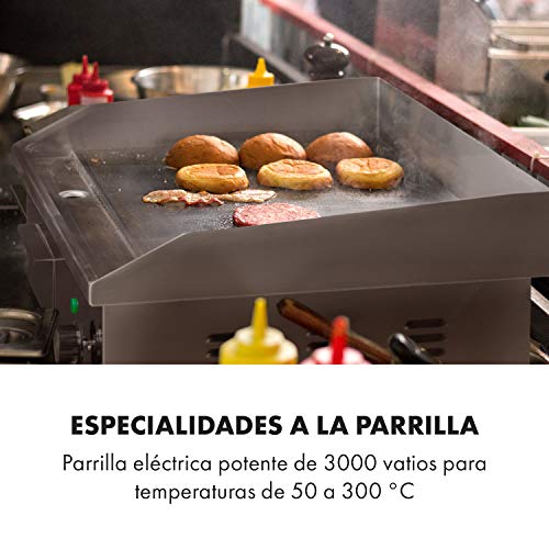 Klarstein Grillmeile 3000G Pro plancha de hierro fundido eléctrica - superficie de 54,5 x 35 cm, temperatura de 50 a 300 °C, 3000 W, antisalpicadura y recoge la grasa en una bandeja, acero inoxidable
