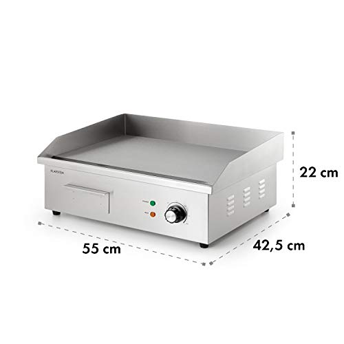 Klarstein Grillmeile 3000G Pro plancha de hierro fundido eléctrica - superficie de 54,5 x 35 cm, temperatura de 50 a 300 °C, 3000 W, antisalpicadura y recoge la grasa en una bandeja, acero inoxidable