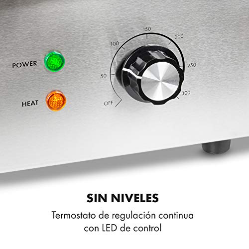 Klarstein Grillmeile 3000G Pro plancha de hierro fundido eléctrica - superficie de 54,5 x 35 cm, temperatura de 50 a 300 °C, 3000 W, antisalpicadura y recoge la grasa en una bandeja, acero inoxidable