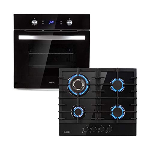 Klarstein Gusteau Ignito lote de cocina - Horno+Placa de cocina, Gas y eléctrico, 4 zonas para cocinar: autárquico, 60 cm, Quemador Sabaf, Gas natural,Propano, Válvula de seguridad, Negro-Acero