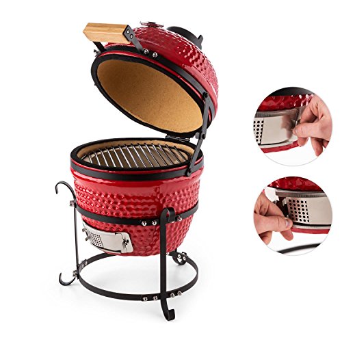 Klarstein Princesize Parrilla Kamado Cerámica 11" (Barbacoa Japonesa, Ahumador, Horno cerámico, asador, Baja Temperatura carbón, Ideal Madera aromática, BBQ slowcooking, Slow Food brasa, Rojo)