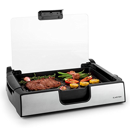 Klarstein Showmaster Parrilla de sobremesa (asador de Mesa, 1.500 W, hasta 250°C, Antiadherente, Acero Inoxidable, Cristal de Seguridad) - Plateado y Negro