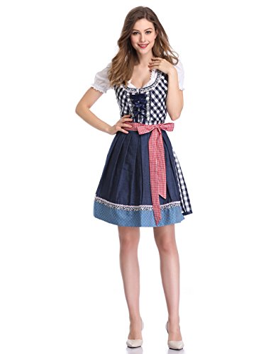 KOJOOIN Vestido de Mujer Dirndl Vestido Formal - Vestido a Media Pierna de Disfraz de Oktoberfest （3 Piezas ： Vestido, Camisa, Delantal） para Vestido De Cóctel De Fiesta