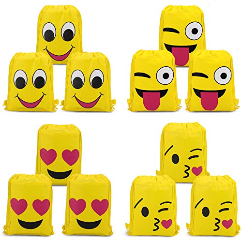 Konsait Emoji Bolsa de Cuerdas para Infantil (12Pack), Emoji Cordón Mochila Bolsas Regalo Cumpleaños Deporte Gimnasio Backpack para niños Niñas Fiesta de cumpleaños favores Decoraciones