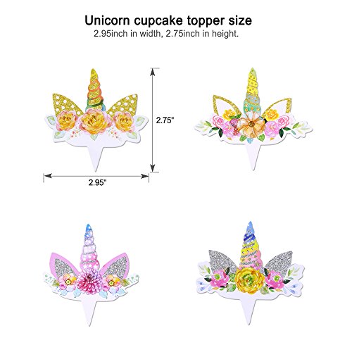 Konsait Unicornio Cupcake Topper de Tarta Magdalenas Decoración Cuerno y Orejas Doble Cara envolturas para Niños niñas Regalo Unicornio Decoraciones de Fiesta de cumpleaños (24Pack)