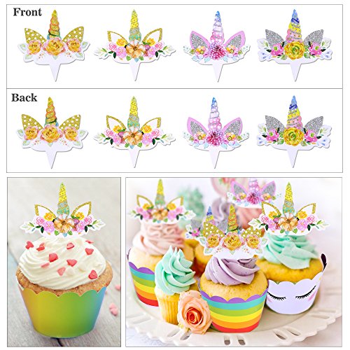 Konsait Unicornio Cupcake Topper de Tarta Magdalenas Decoración Cuerno y Orejas Doble Cara envolturas para Niños niñas Regalo Unicornio Decoraciones de Fiesta de cumpleaños (24Pack)