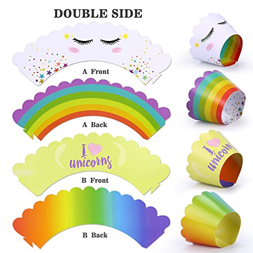 Konsait Unicornio Cupcake Topper de Tarta Magdalenas Decoración Cuerno y Orejas Doble Cara envolturas para Niños niñas Regalo Unicornio Decoraciones de Fiesta de cumpleaños (24Pack)
