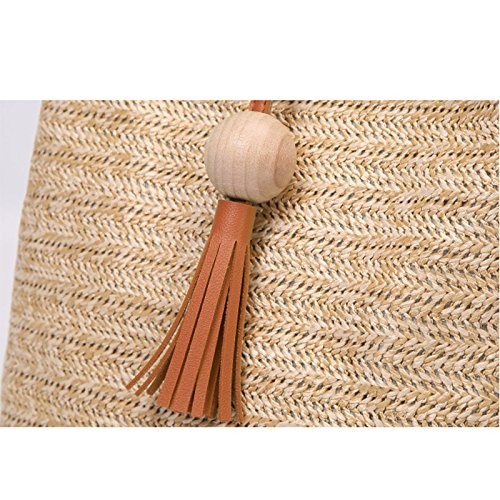 KTENME - Bolso Bandolera con Flecos Tipo cubeta de un Hombro, Bolsa de Paja Tejida, Bolsa de Hombro para Mujer, Bolsa de joyería Vintage para niñas, Paja, marrón, 27 * 14 * 27CM