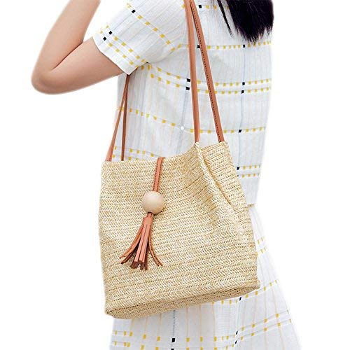 KTENME - Bolso Bandolera con Flecos Tipo cubeta de un Hombro, Bolsa de Paja Tejida, Bolsa de Hombro para Mujer, Bolsa de joyería Vintage para niñas, Paja, marrón, 27 * 14 * 27CM