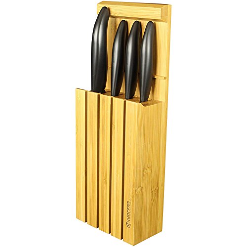 KYOCERA 14 c Juego pelar utilitario rebanador Santoku, Bloque bambú para 4 Cuchillos, Hoja cerámica de circonio, Afilada a Mano, Ligera, no corrosiva, 7.5 cm + 11 cm + 13 cm + 14 cm