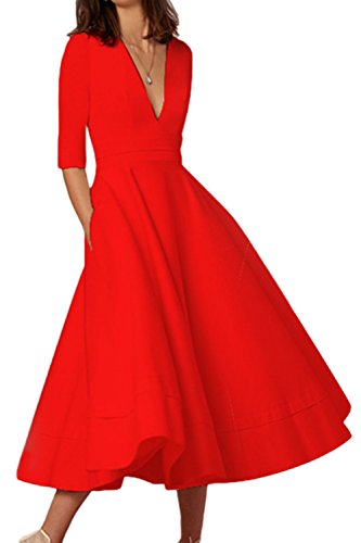 La Mujer Elegante Vestido con Cuello En V Manga Media Caida Skater Vestidos De Baile Rojo XL