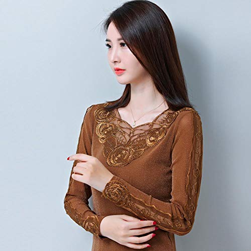 La Primavera Y El Otoño Atractivo Prospecto De Perforación De Encaje Larga Costuras De Manga Que Basa La Camisa Marea Sra,Café,2XL