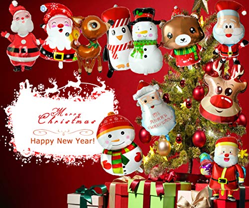 LABOTA 11PCS Grande Feliz Navidad Globos Globo de Papel de Aluminio Papá Noel / Muñeco de Nieve / Reno / Alce Globo de Helio para Suministros de decoración de Fiesta de año Nuevo de Navidad
